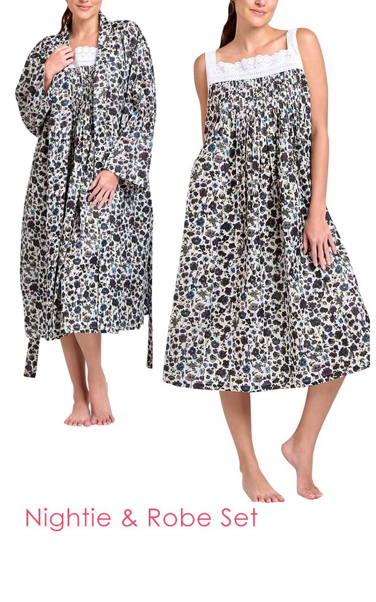 Arabella 100% Cotton Robe and Matching Nightie Set in Midnight Bloom MD-75K and MD-78K