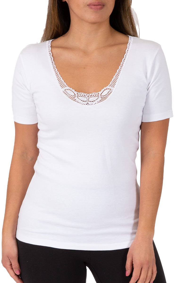 Emmebivi 100% Cotton Top with Short Sleeve Thermal in White 33013