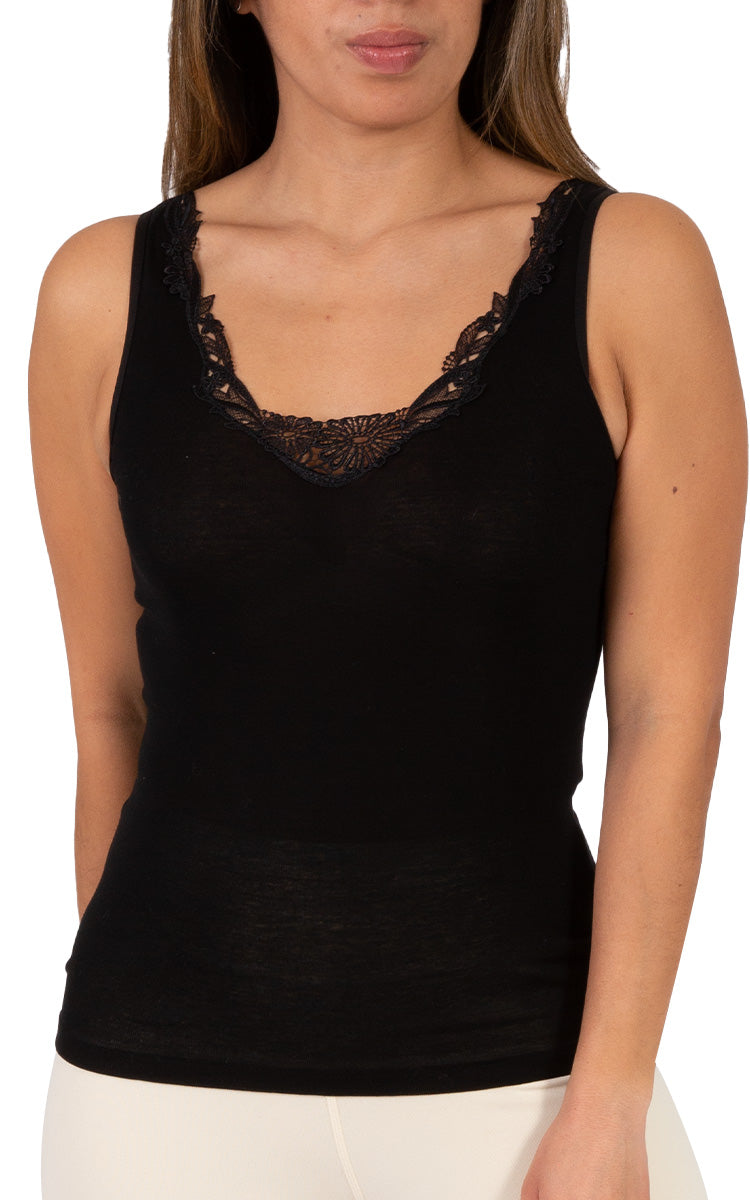 Emmebivi 100% Filoscozia® Cotton Singlet With Lace Trim in Black 12312