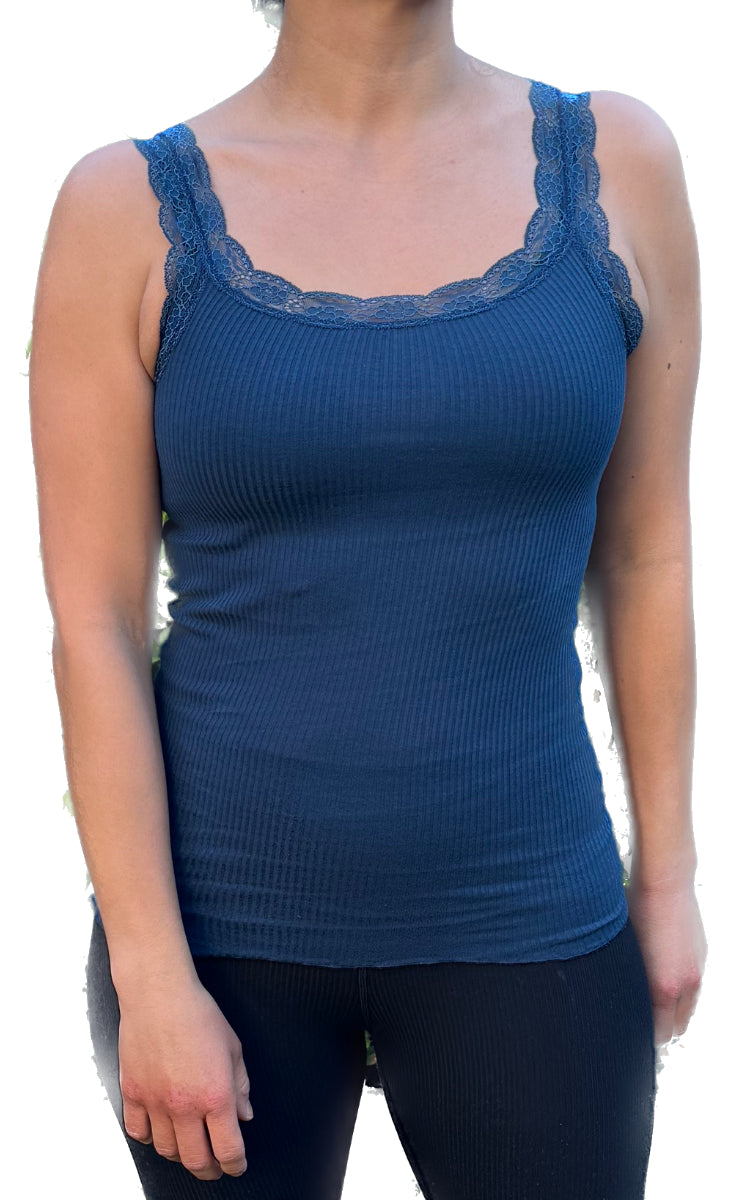Emmebivi 100% Cotton Singlet With Lace Trim in Navy 44399