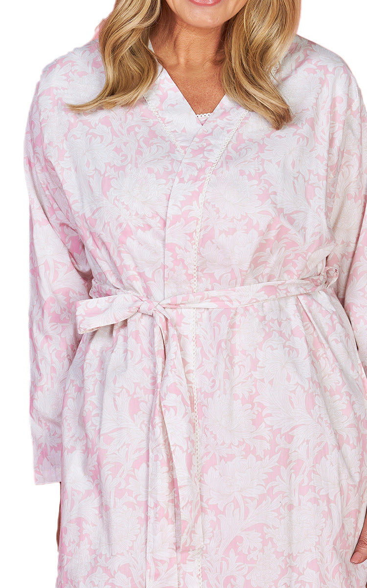 French Country 100% Cotton Robe with Long Sleeve in Toile Roses Pink FCC464
