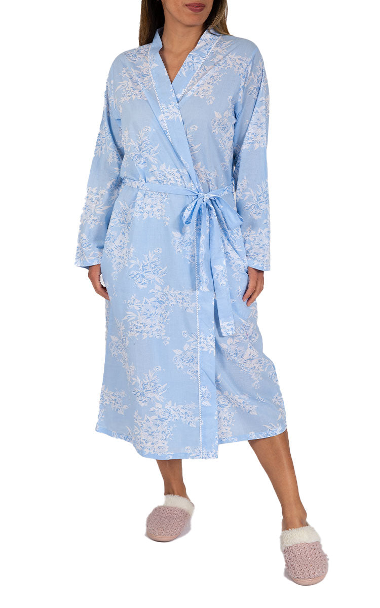 Woman Wearing French Country Cotton Robe in blue