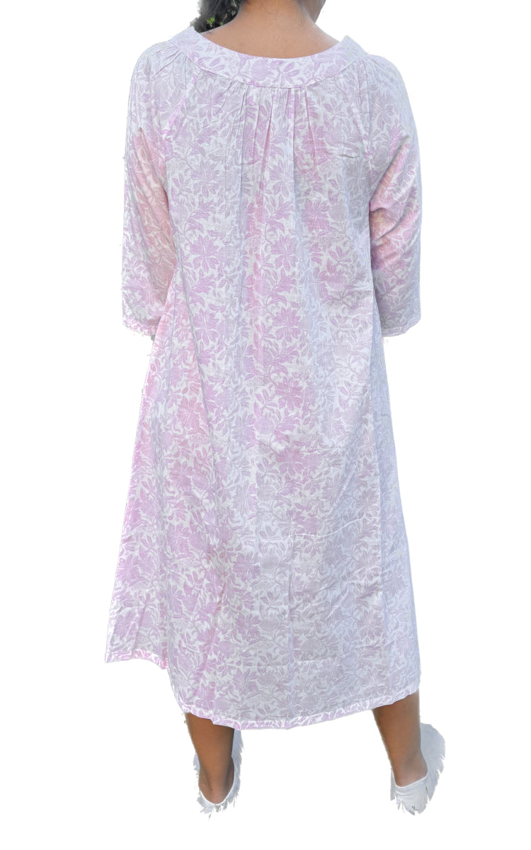 French Country 100% Cotton Nightgown with 3/4 Sleeve in Pink Banksia FCU304