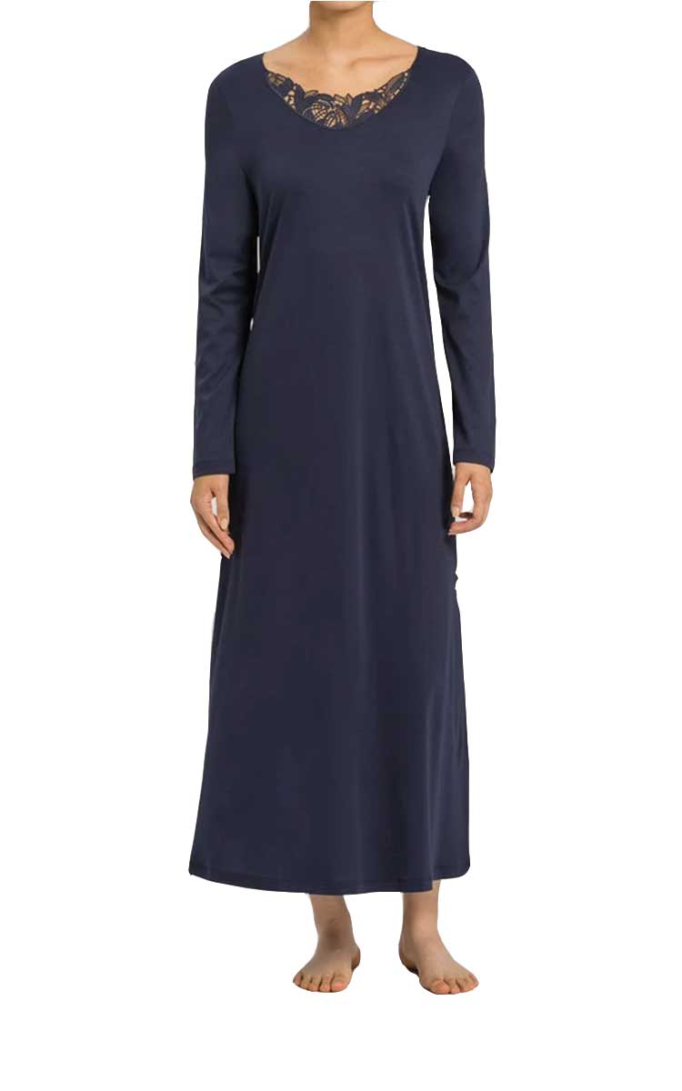 woman wearing hanro winter nightgown in blueberry