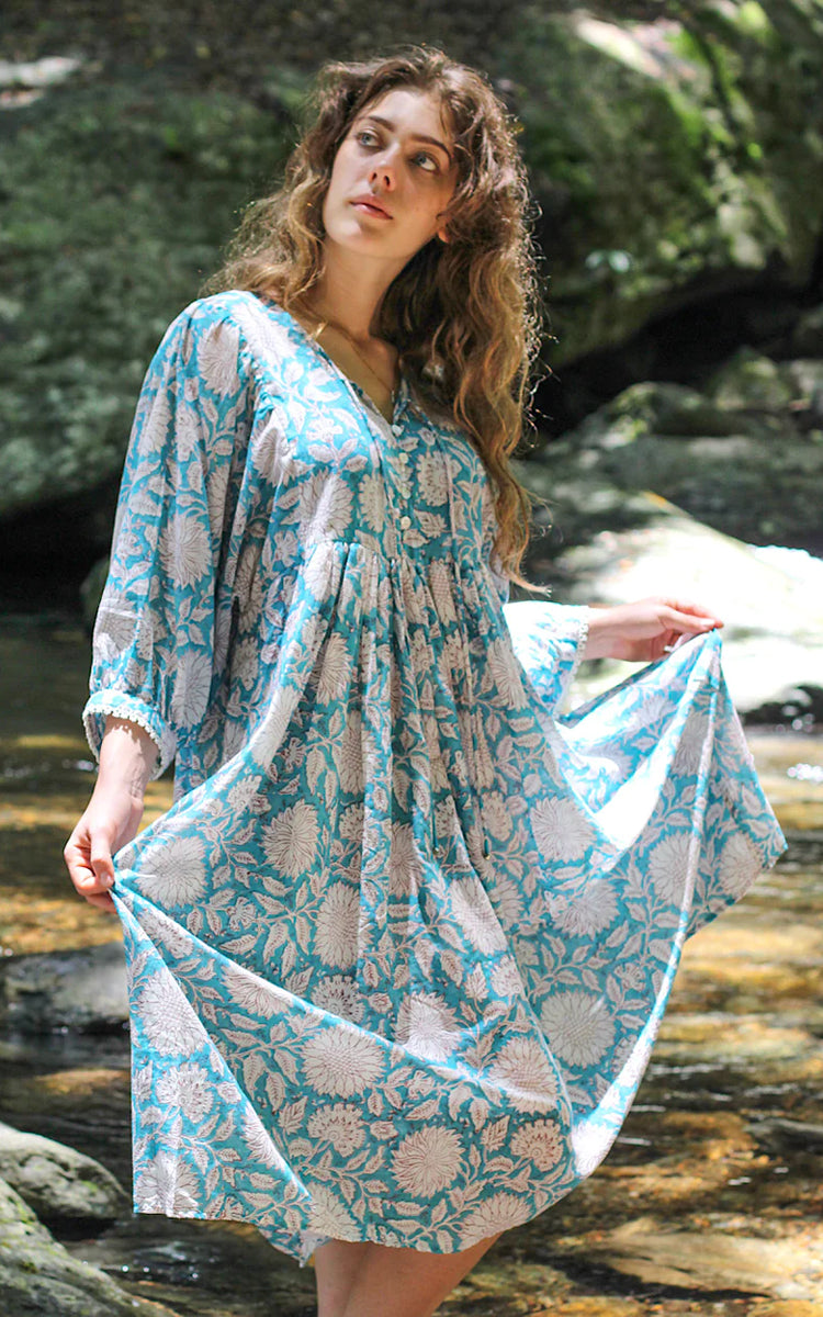 Cotton midi Sundress Australia from River Goddess in sky Sunflower floral print