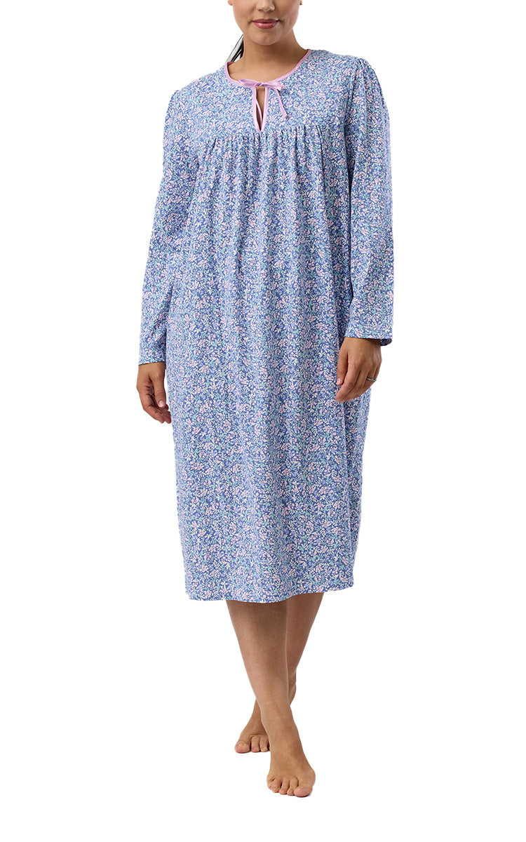 Schrank 100% Cotton Jersey Nightgown with Long Sleeve in Denim Flowerette print SK202F5