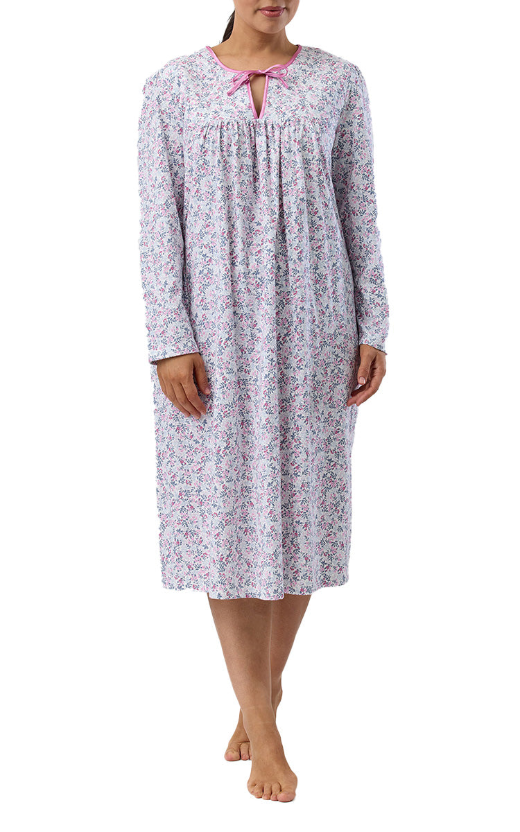 Schrank 100% Cotton Jersey Nightgown with Long Sleeve in Pink Flowerette print SK202F5