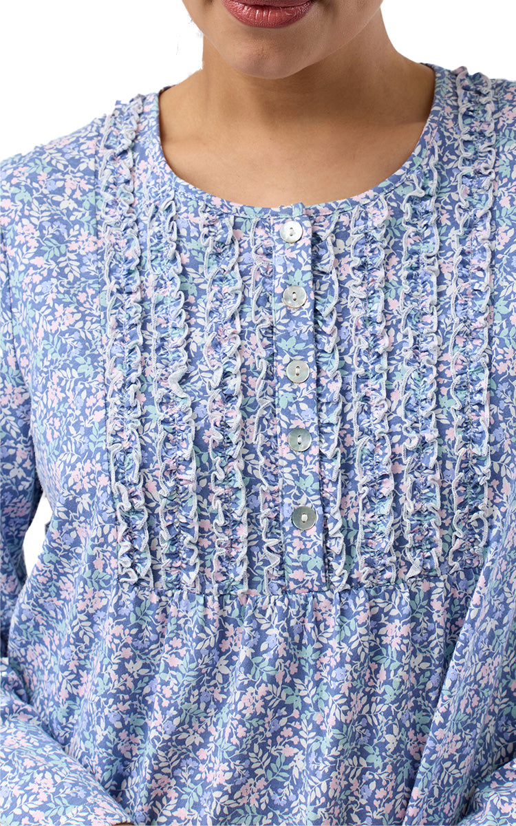 Schrank 100% Cotton Jersey Nightgown with Long Sleeve in Denim Flowerette print SK242F5
