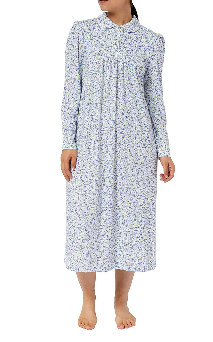Schrank Polycotton Jersey Embroidered Nightgown With Collar In Blue Ditsy Floral SK227D