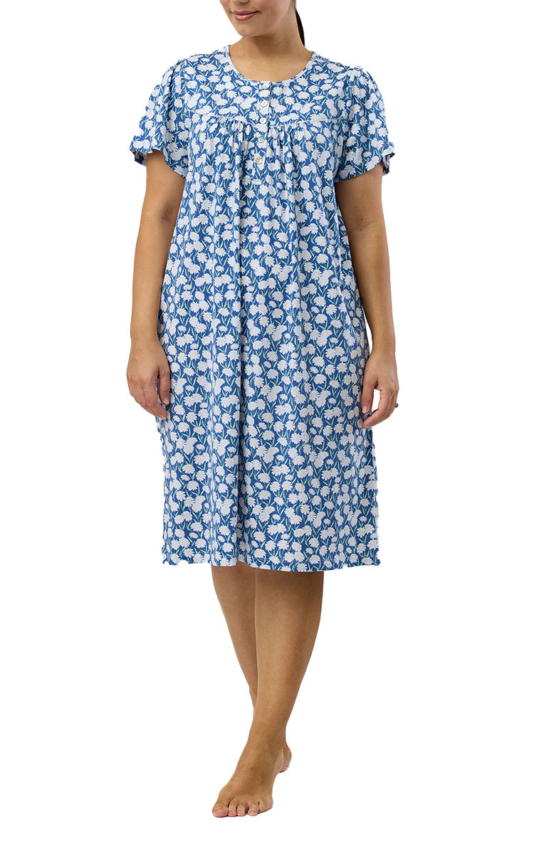 Schrank 100% Cotton Jersey Nightgown with Short Sleeve in Denim Daisies SK318D5