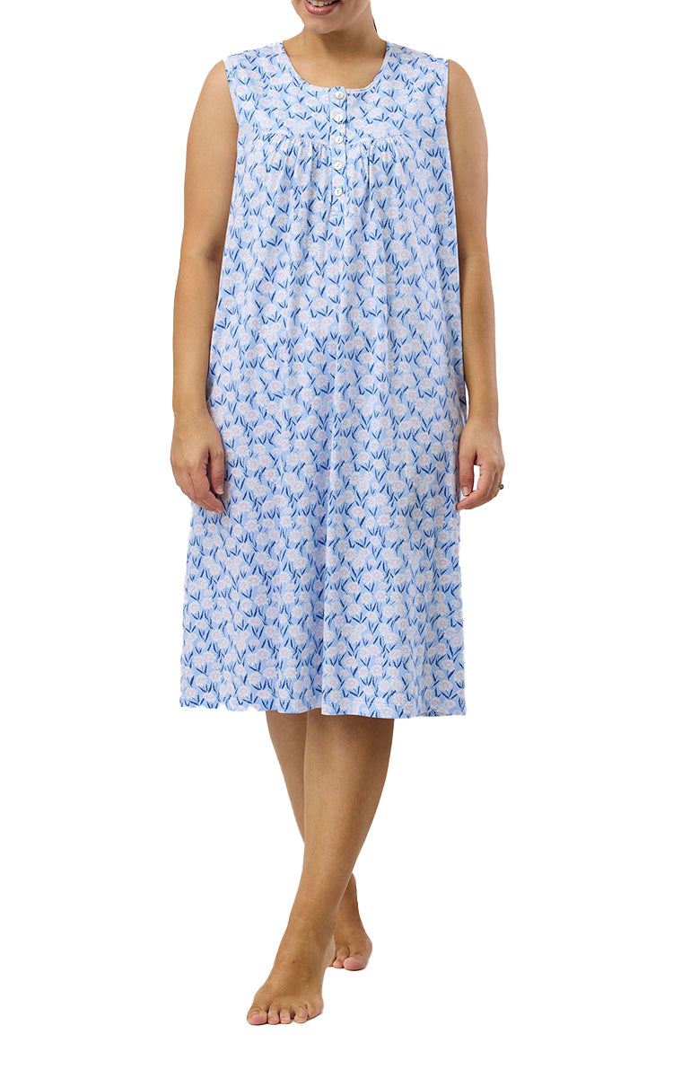Schrank 100% Cotton Jersey Nightgown Sleeveless in Blue Daisie SK418D