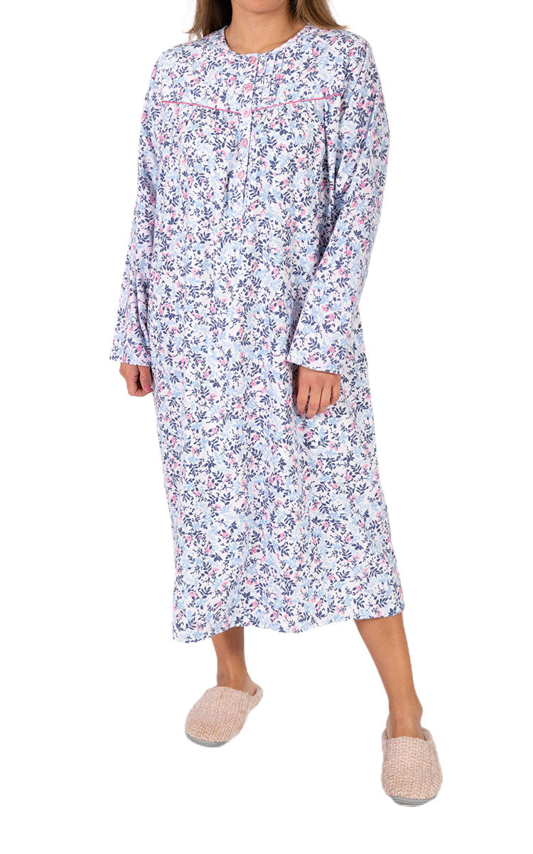 Woman wearing Schrank nightgown for winter in cotton flannelette