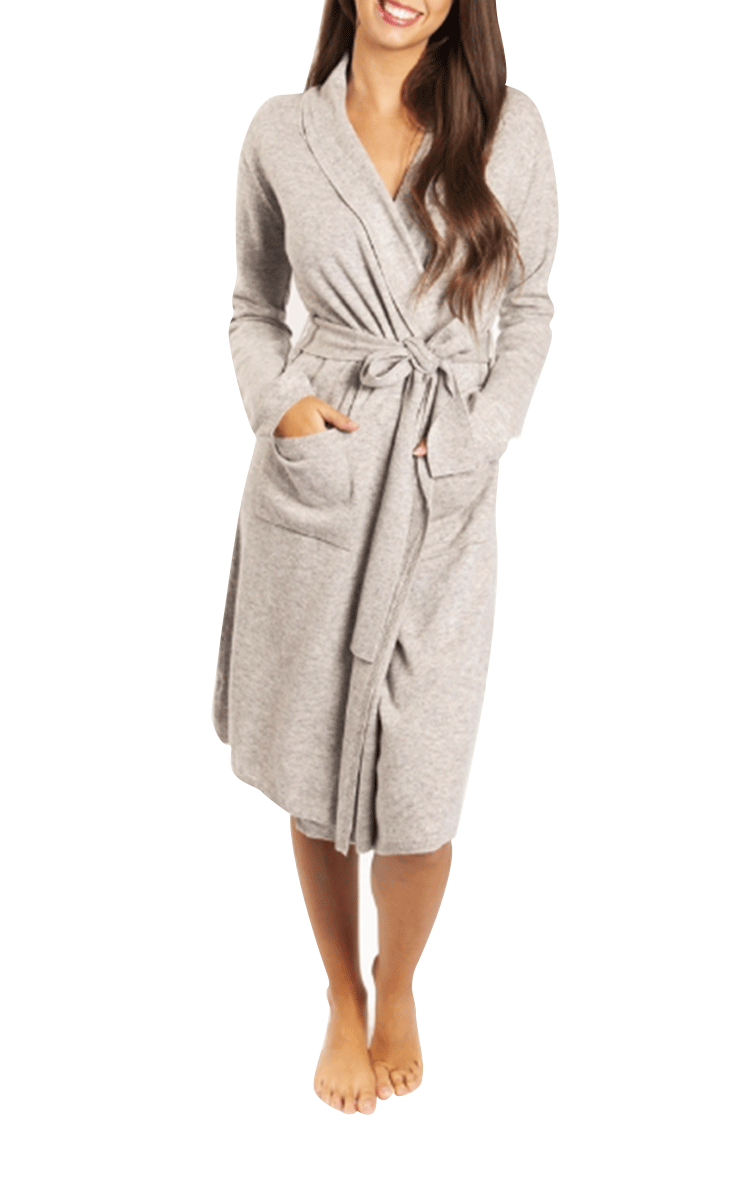 woman wearing cashmere robe by love and luster in merle grey on sale at natureswear australia