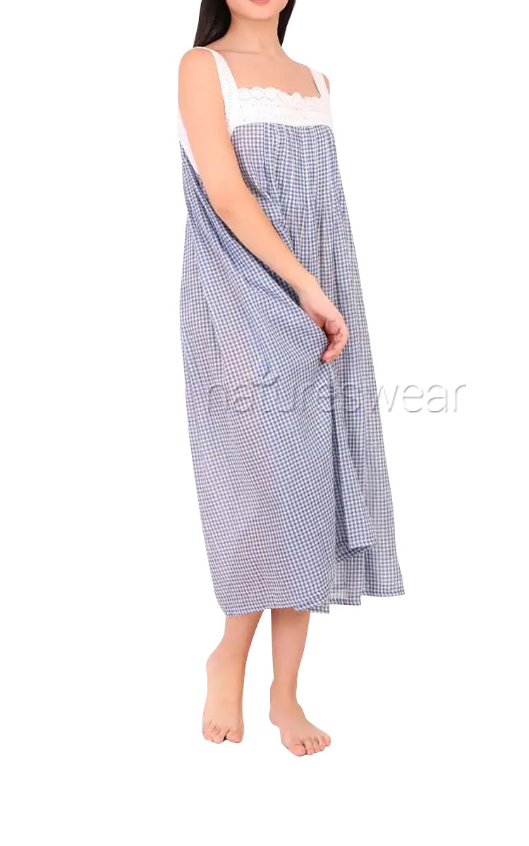 Arabella 100% Cotton Nightgown Sleeveless in Blue Gingham MD-78EE