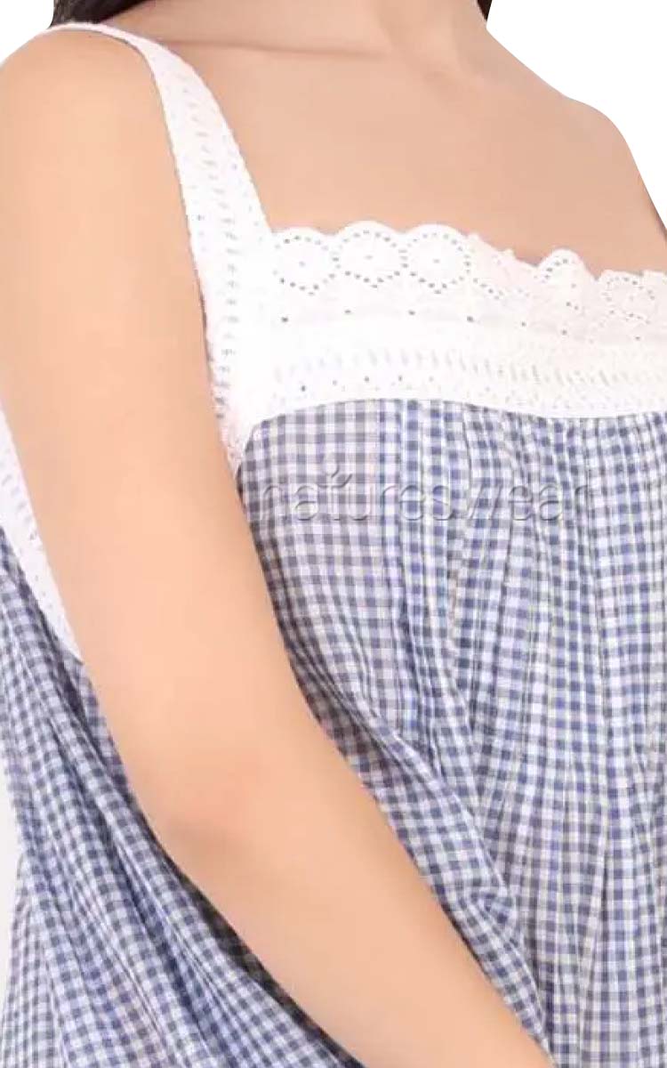 Arabella cotton nightgown detail of blue gingham print