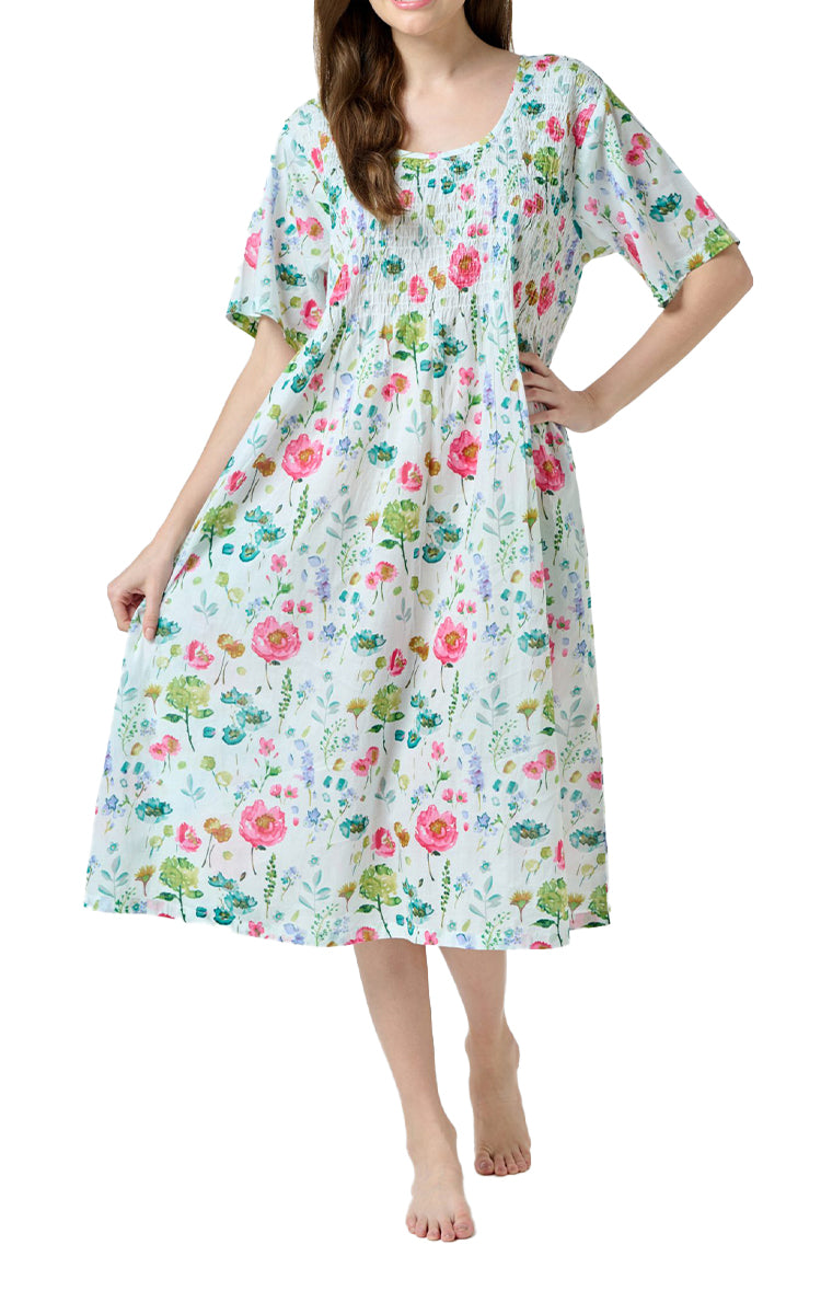 Woman wearing cotton floral sundress arabella australia