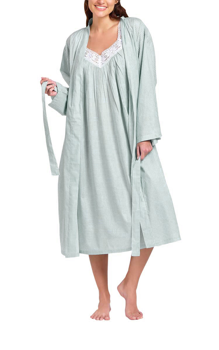 Arabella 100% Cotton Robe and Matching Nightie Set in Mint Gingham MD-75CB and MD-410CB
