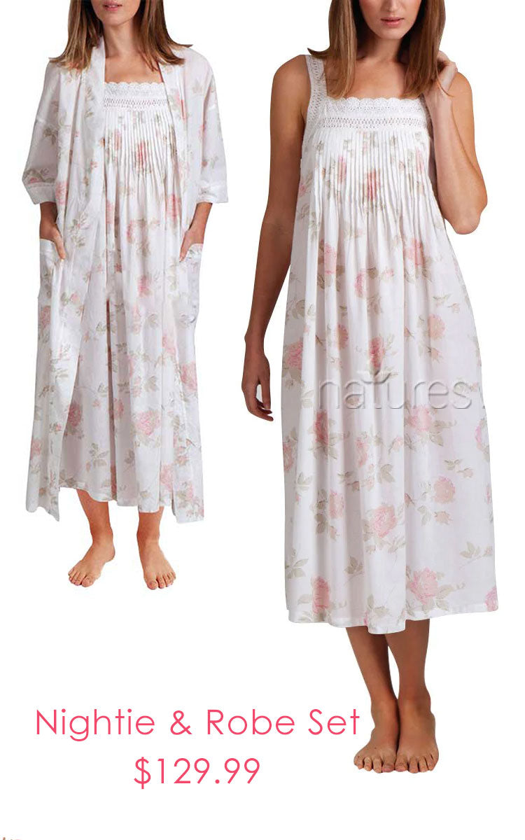 Arabella 100% Cotton Robe and Matching Nightie Set in White and Floral MD-75F and MD-78 Floral