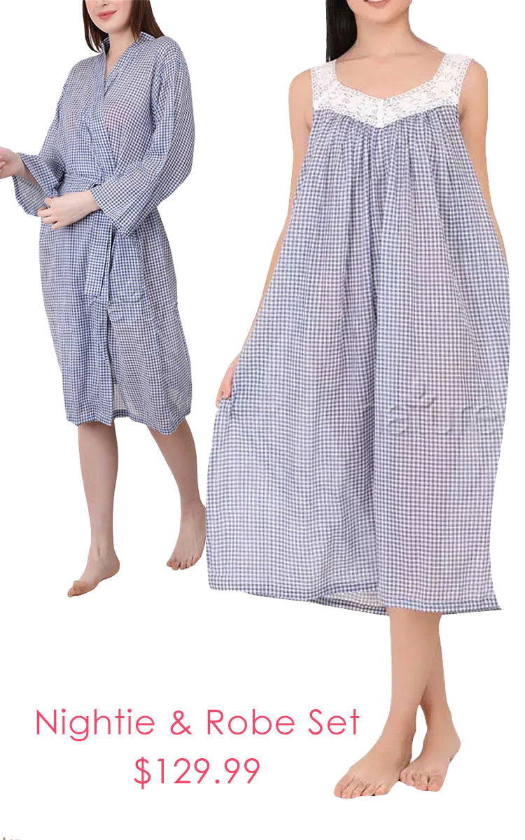 Arabella 100% Cotton Robe and Matching Nightie Set in Blue Gingham MD-75EE and MD-410EE/B