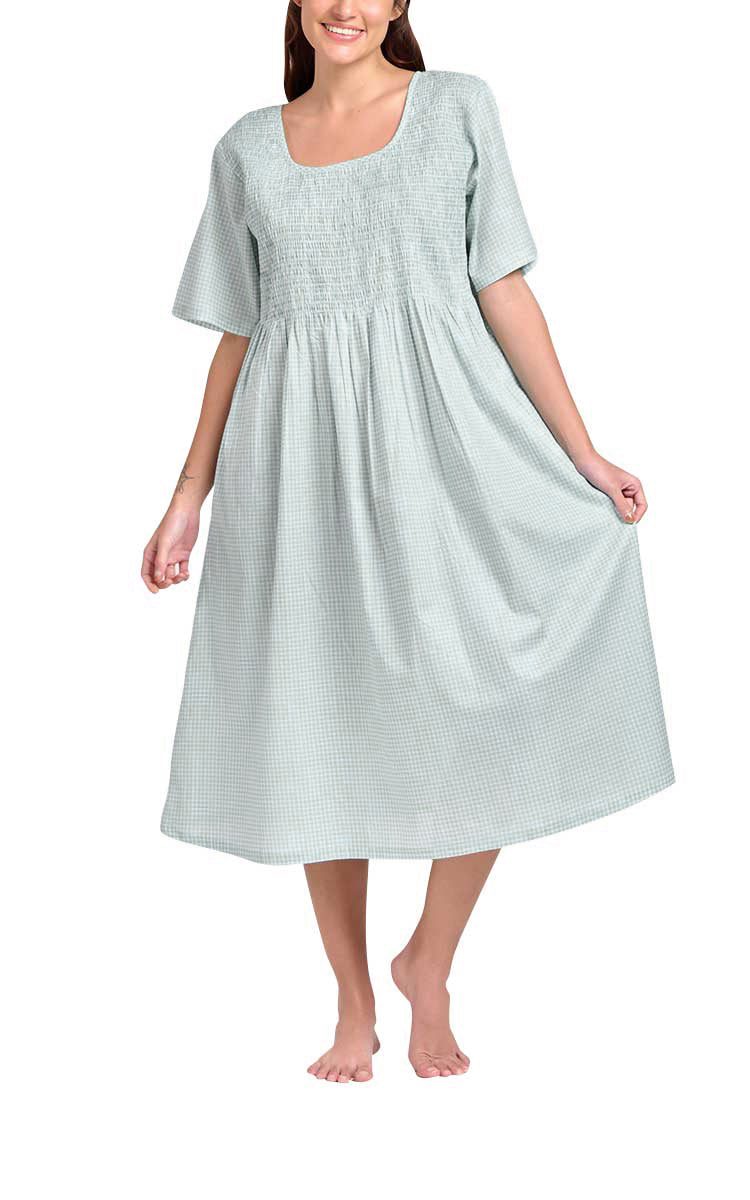 Arabella 100% Cotton Nightgown with Short sleeve in Mint Gingham MD-83CB