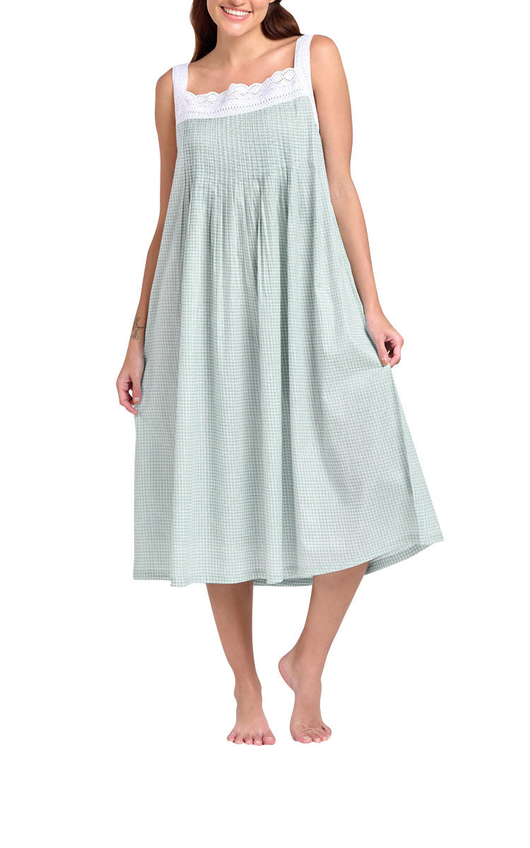 Woman wearing summer cotton nightgown from Arabella