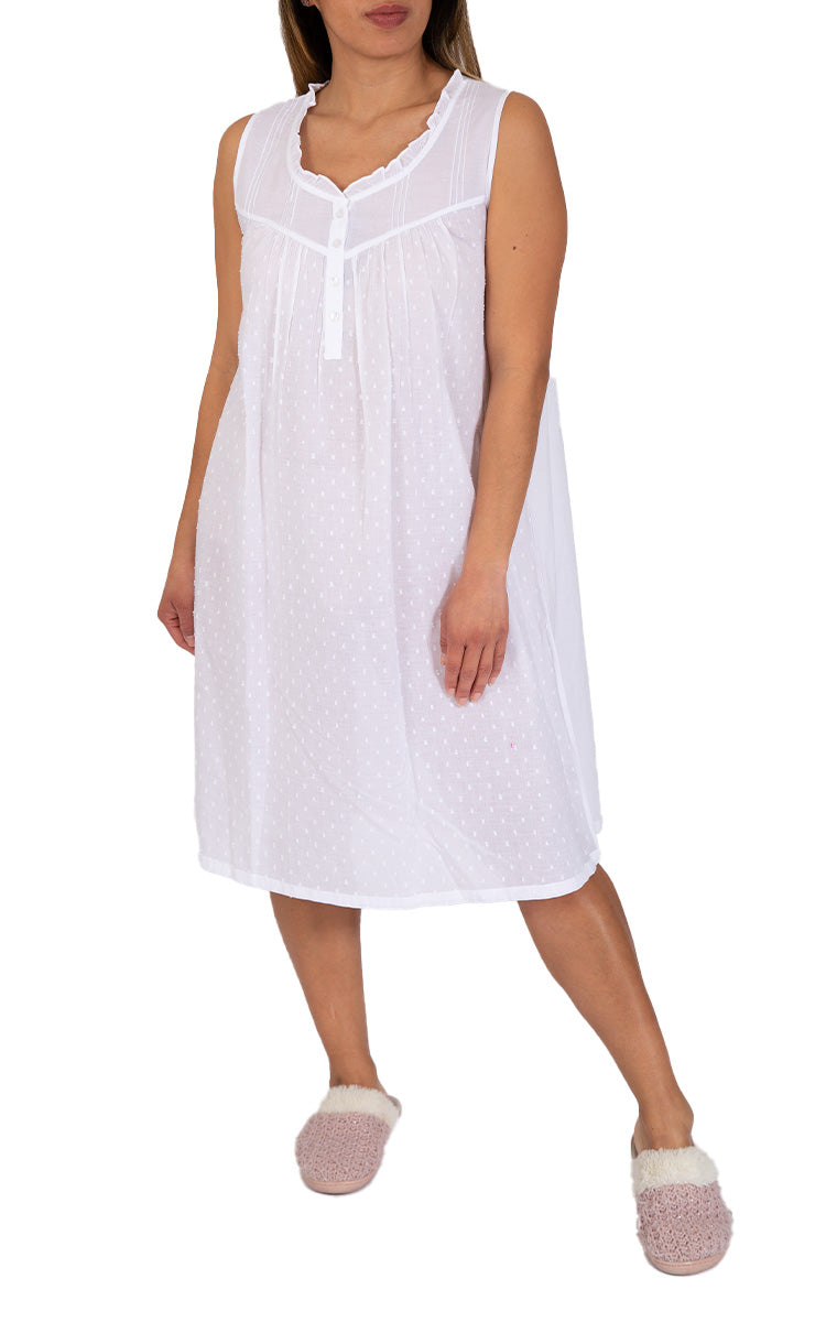 Woman wearing French Country white sleeveless nightgown