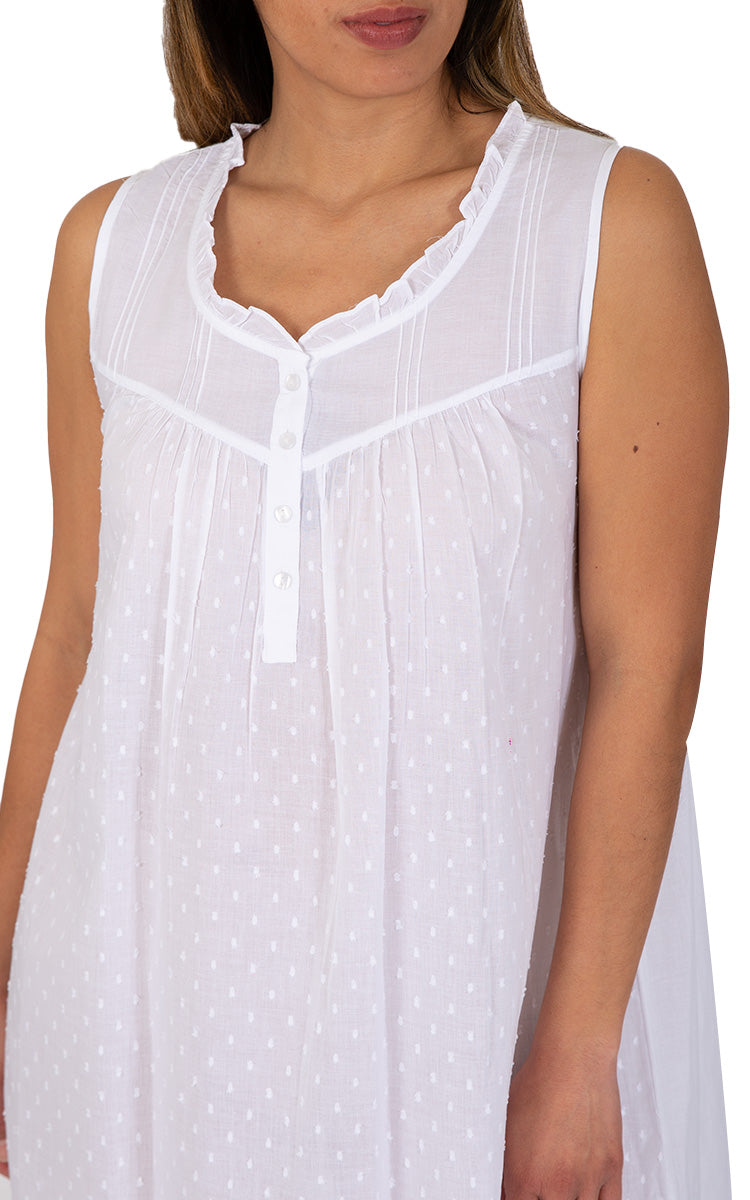 Woman wearing French Country white sleeveless nightgown