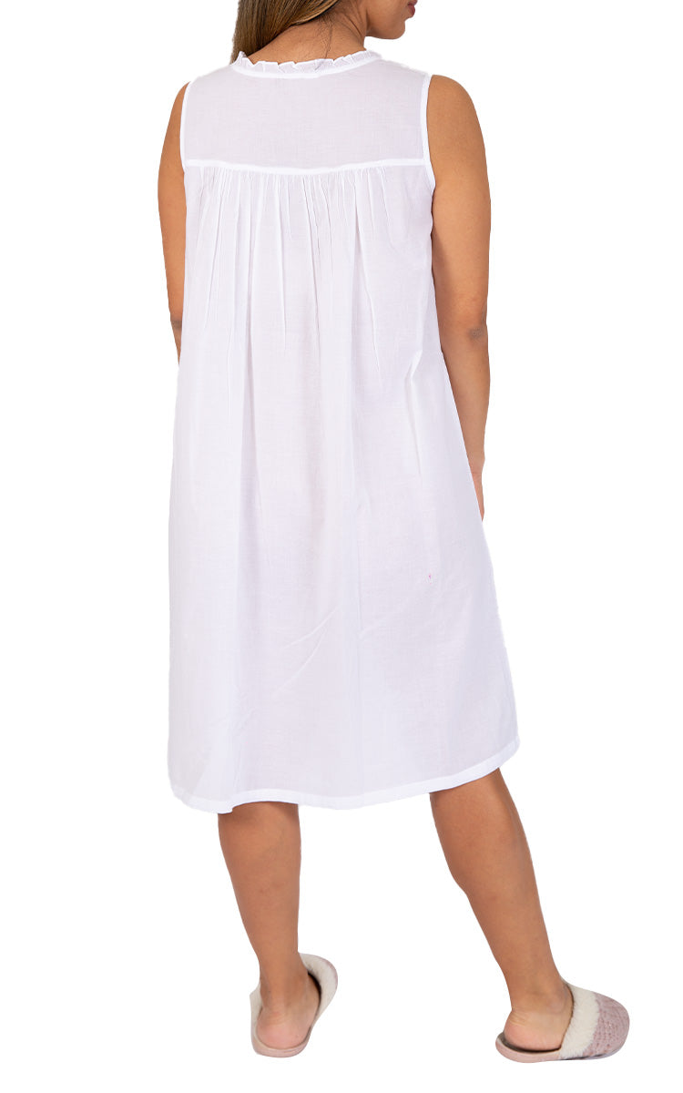 Woman wearing French Country white sleeveless nightgown