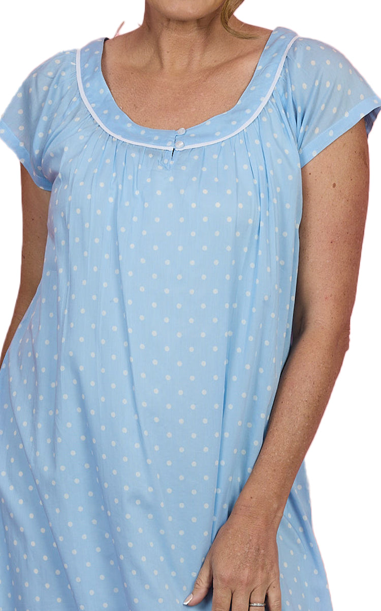 French Country Blue Polka Dot 100% Cotton Nightgown with Cap Sleeve FCF612V