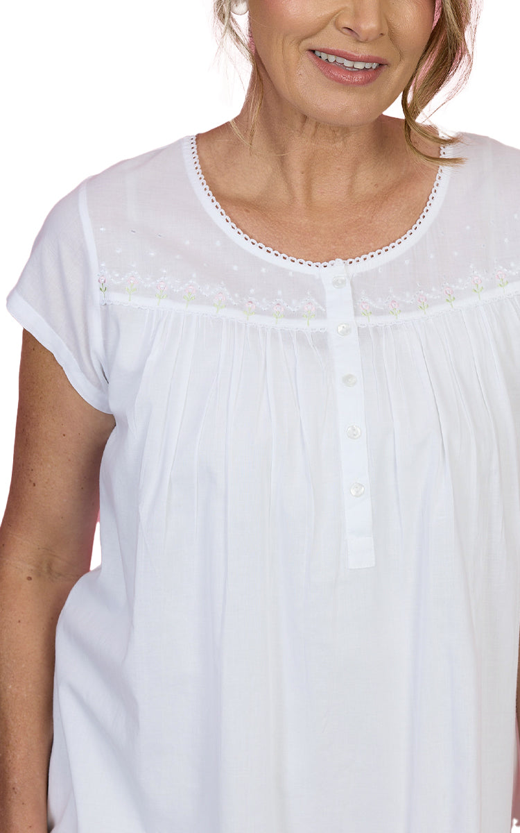 French Country 100% Cotton Nightgown with Cap Sleeve in White FCF627