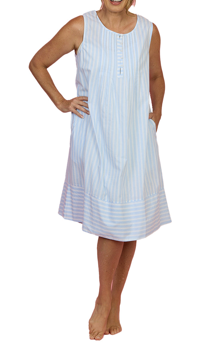 French Country 100% Cotton Sleeveless Nightgown in Blue Hampton's Stripe FCF670