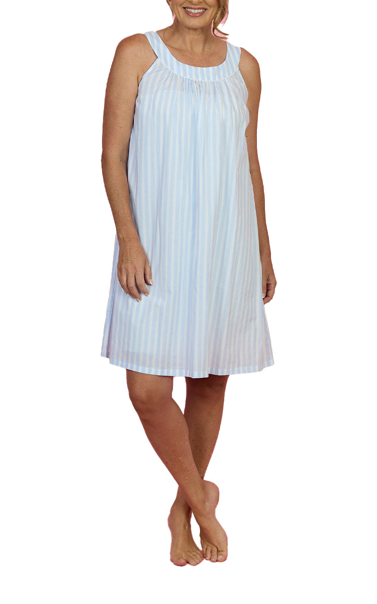 French Country 100% Cotton Nightgown Sleeveless in Blue Hamptons Stripe FCF671