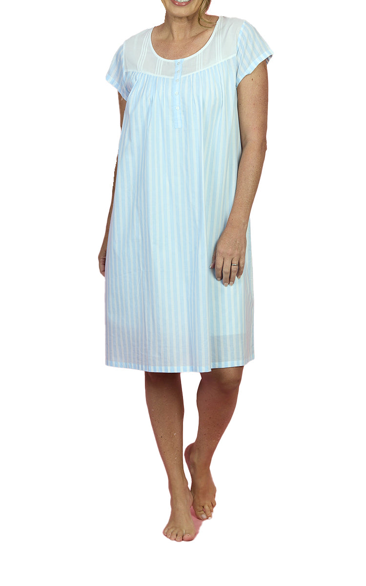 French Country 100% Cotton Nightgown with Cap Sleeve in Blue Hamptons Stripe FCF672