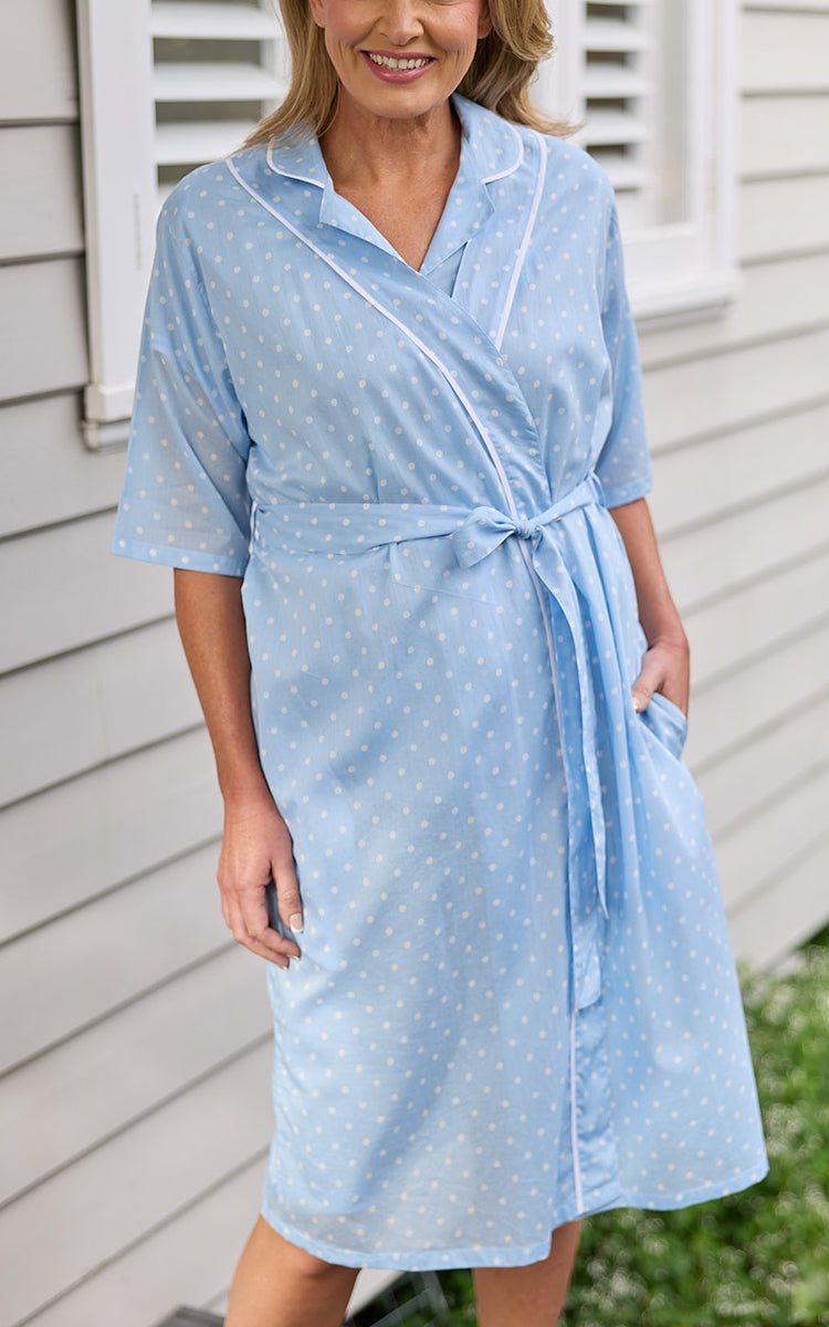 French Country 100% Cotton Blue Polka Dot Robe with Short Sleeve FCF614V