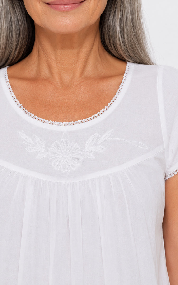 French Country 100% Cotton Voile Nightgown with Cap Sleeve in White FCD192