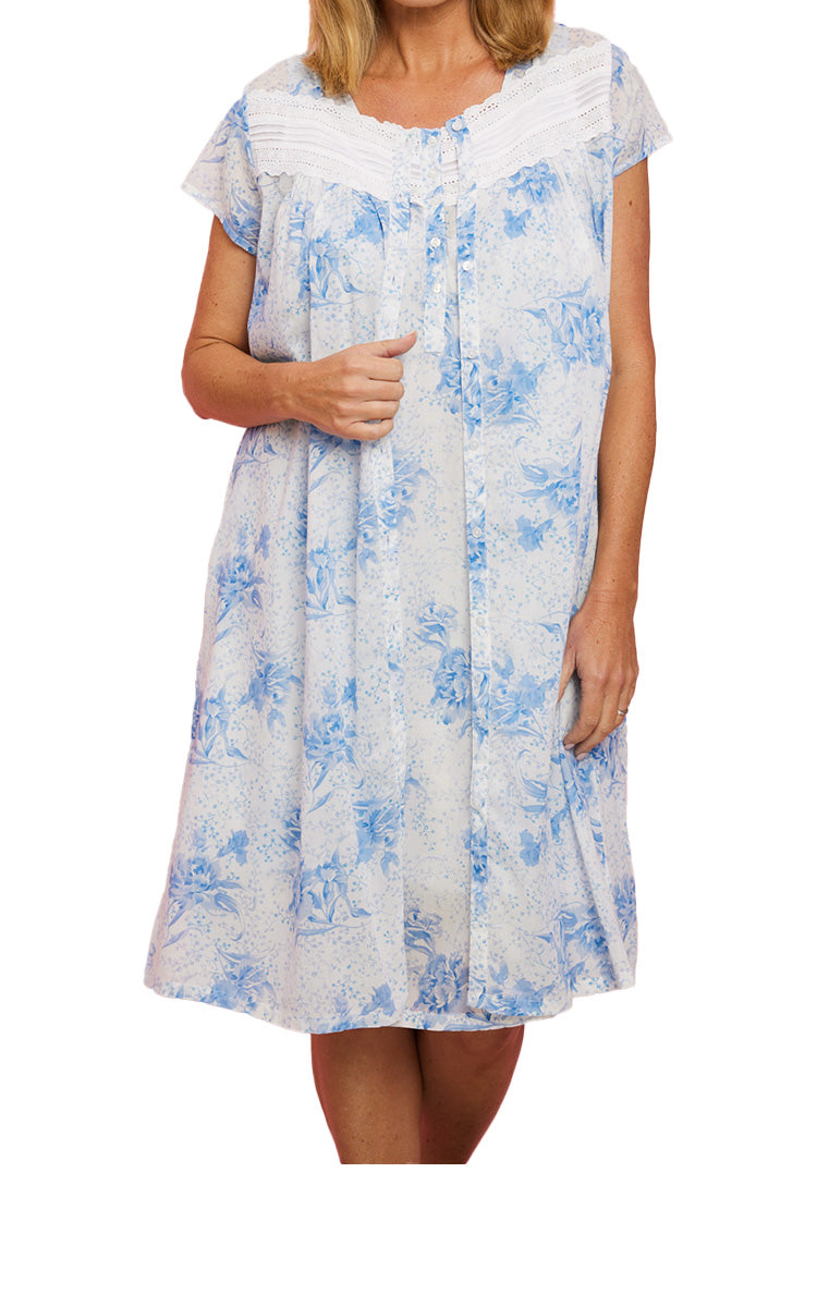French Country 100% Cotton Brunch Coat with Cap Sleeves in Blue Floral FCD152