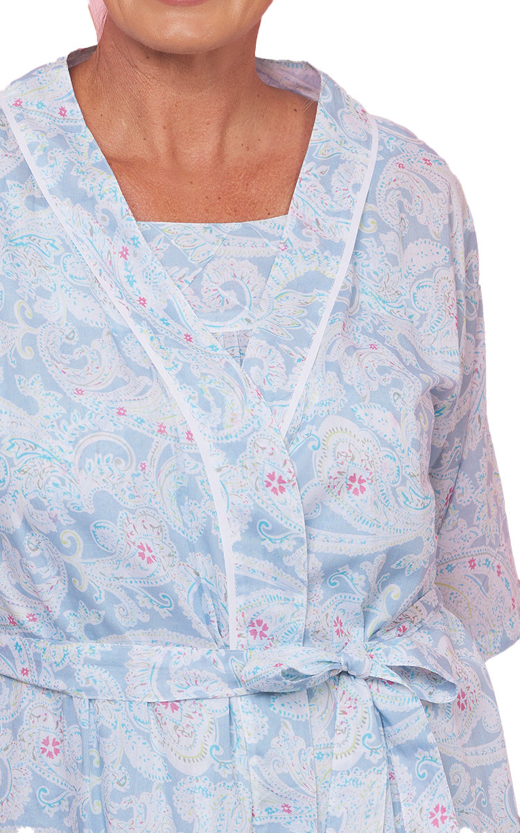 French Country 100% Cotton Short Sleeve Robe in Blue Vintage Paisley Print FCD175V