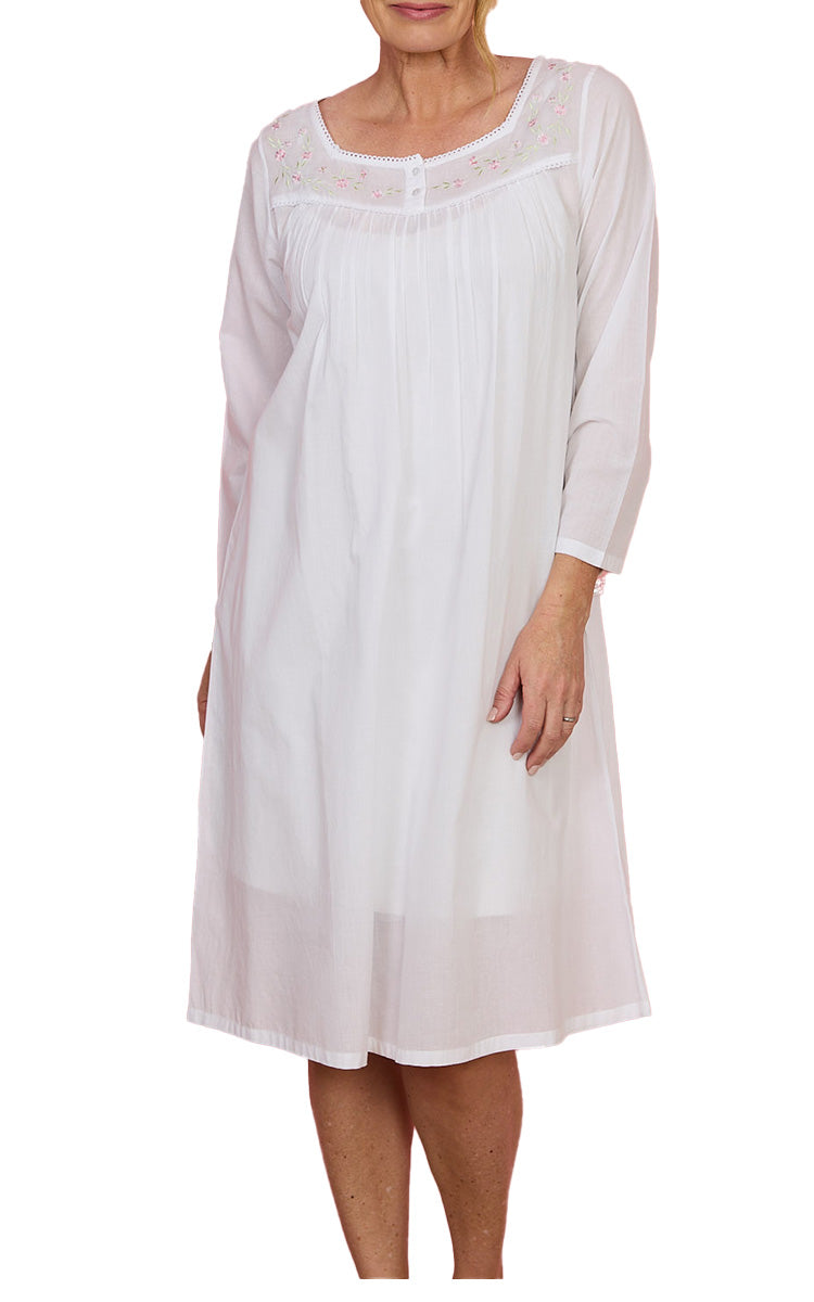 French Country 100% Cotton Nightgown with Long Sleeve in White FCE526