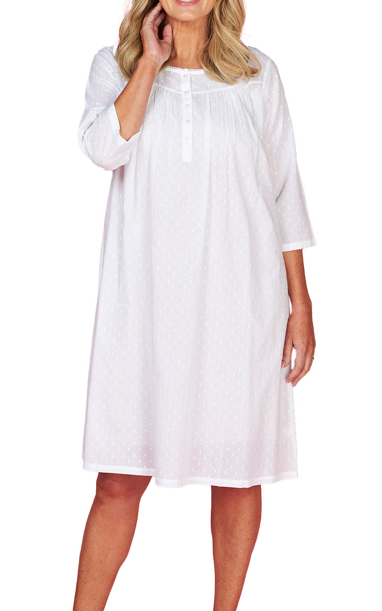 French Country 100% Cotton Nightgown with 3/4 Sleeve in White FCE550