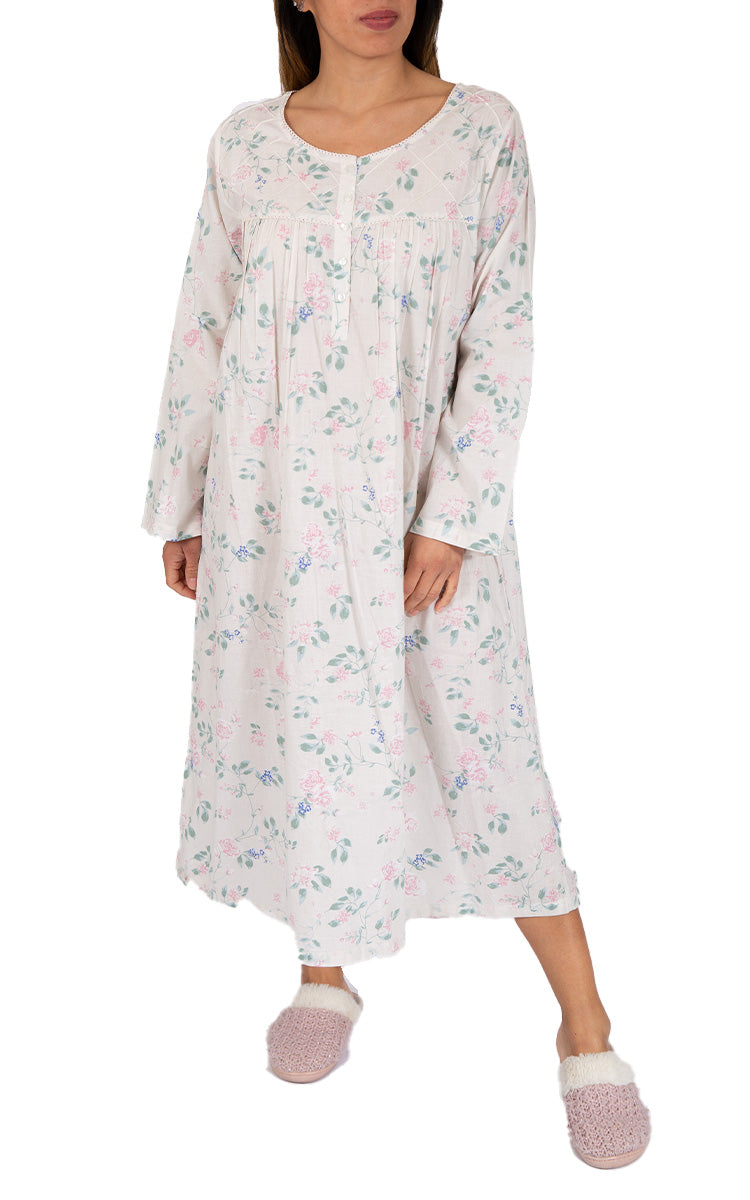 Woman wearing cotton nightie for winter from french country