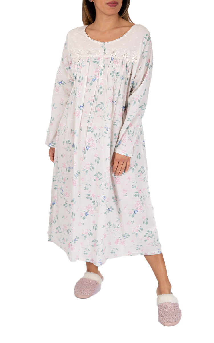 Woman wearing cotton nightie for winter from french country