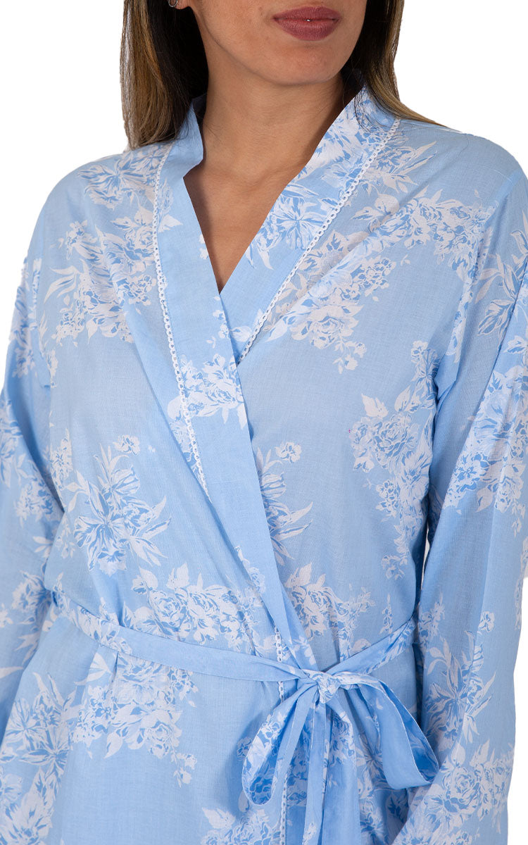 Woman Wearing French Country Cotton Robe in blue 