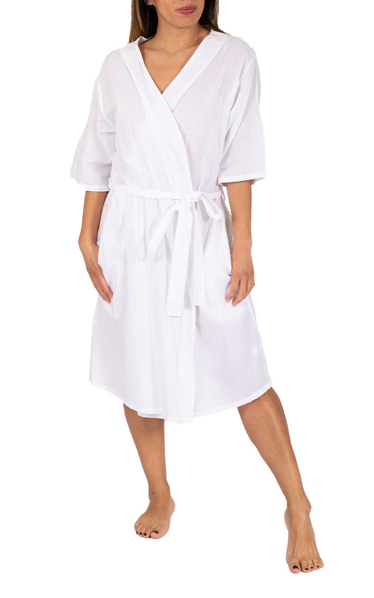 Woman Wearing French Country White Cotton Robe