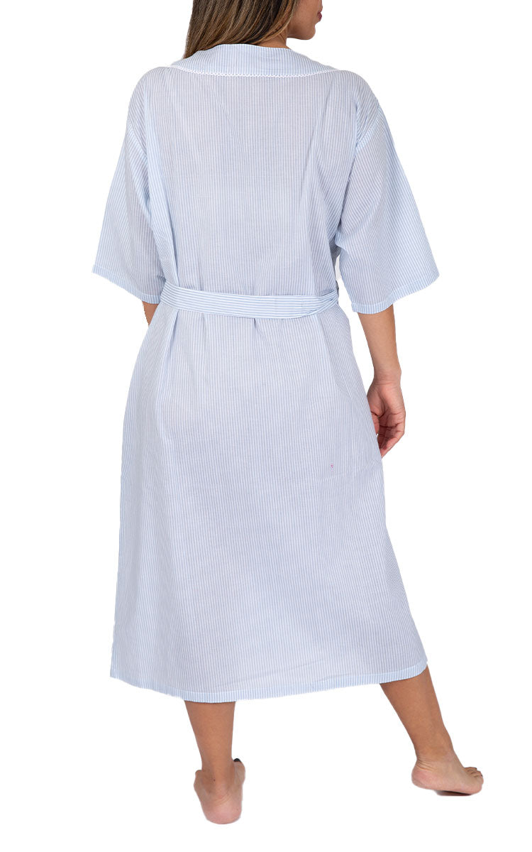 Woman Wearing French Country Cotton Robe with blue stripe