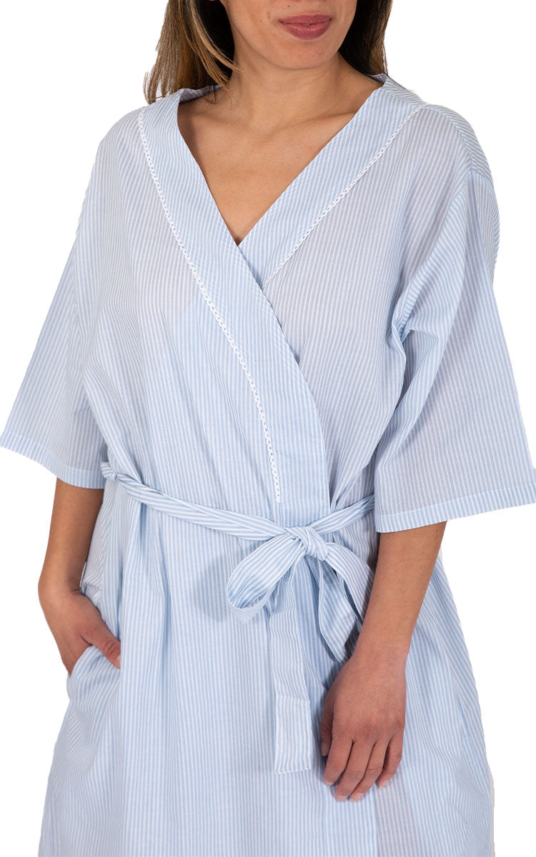 Woman Wearing French Country Cotton Robe with blue stripe