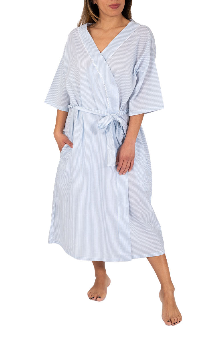 Woman Wearing French Country Cotton Robe with blue stripe