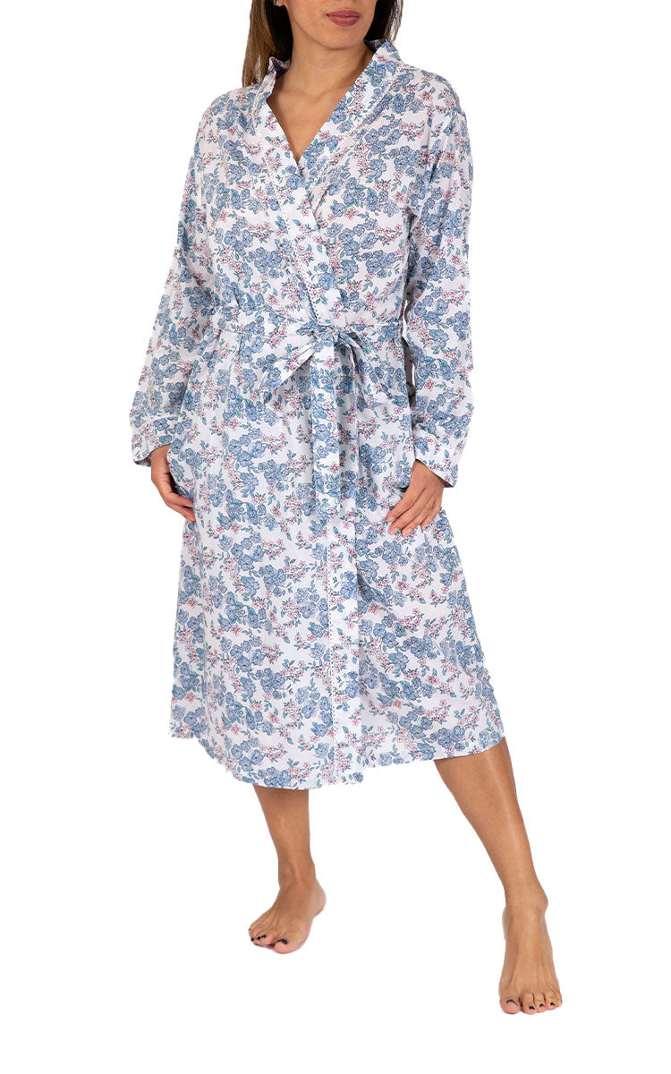 Woman Wearing French Country Cotton Robe with floral print