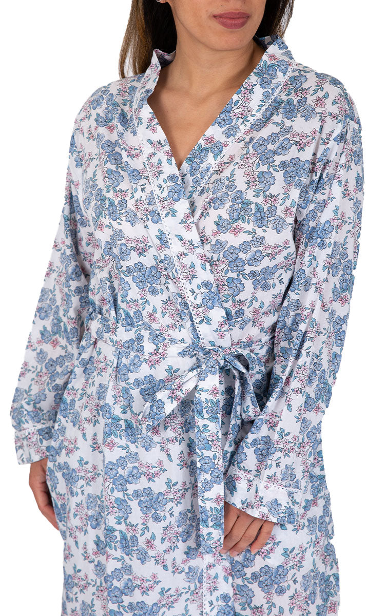 Woman Wearing French Country Cotton Robe with Floral Print