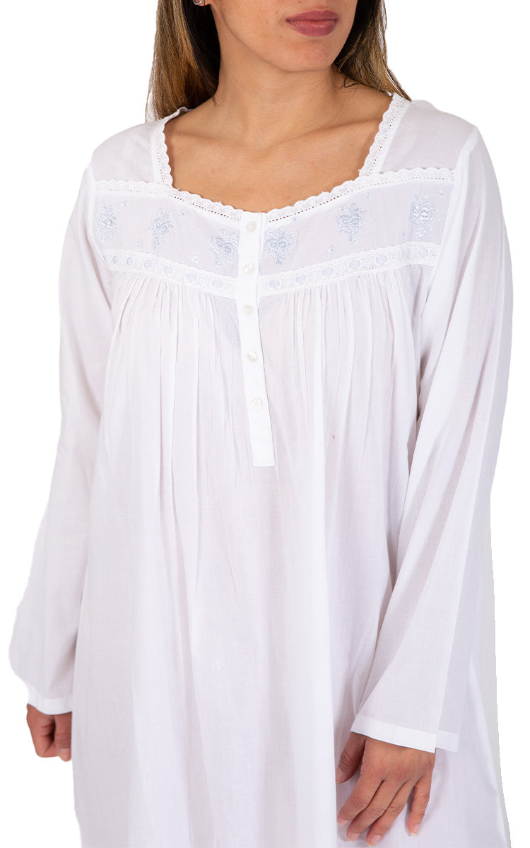 French Country 100% Cotton Nightgown with Long Sleeve in White FCM142 SALE