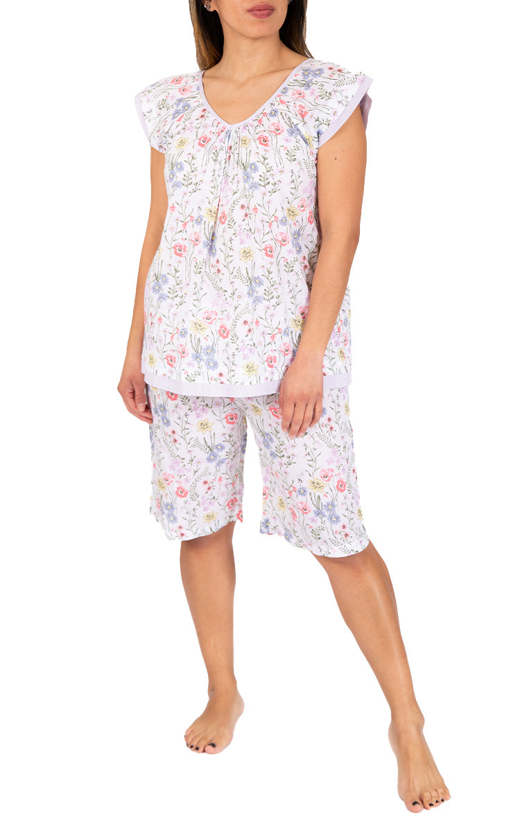 Woman wearing French Country cotton Pyjama with cap sleeve Australia